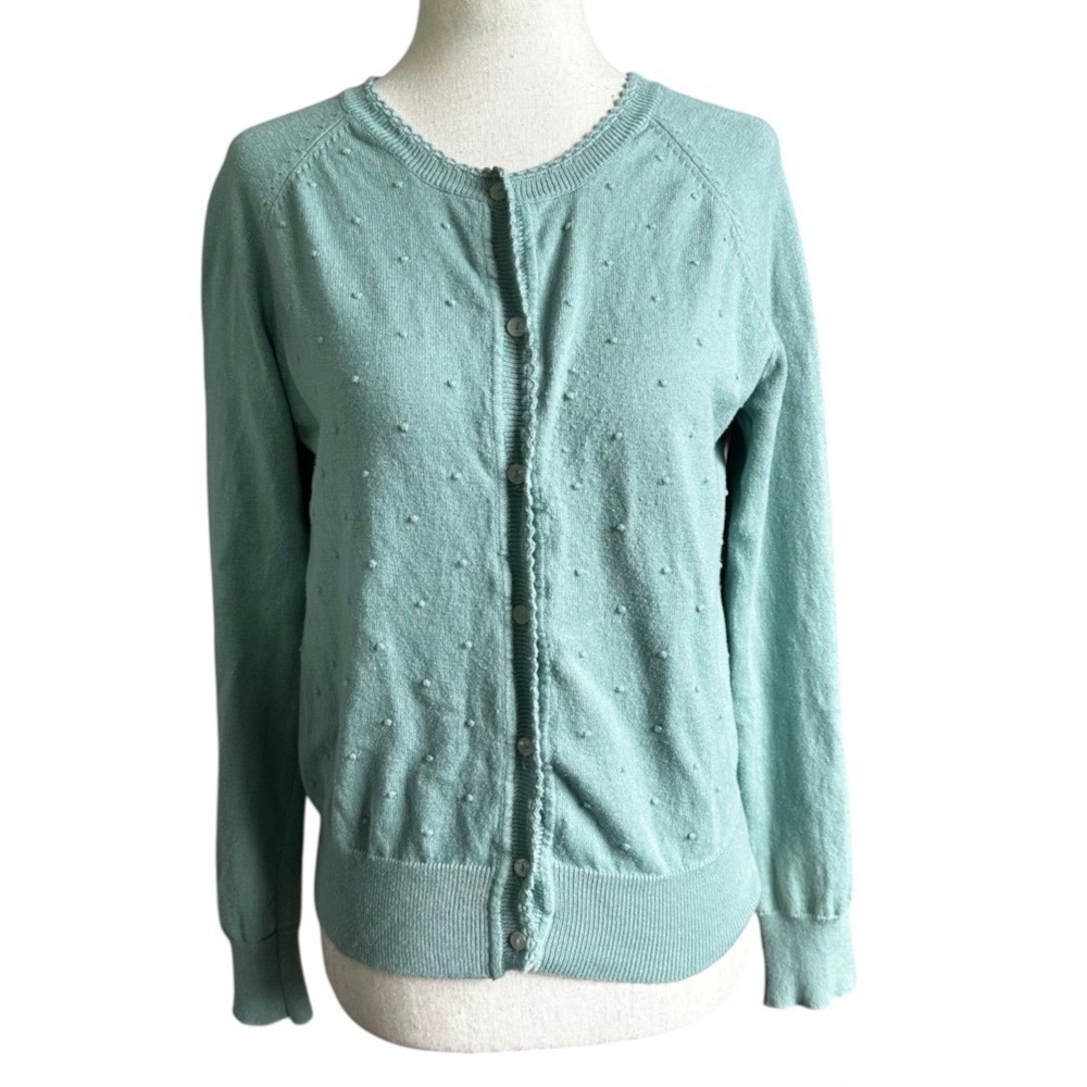 Cyrillus Paris Women XS Green Pointelle Bobble Scallop Trim Cardigan | 0298